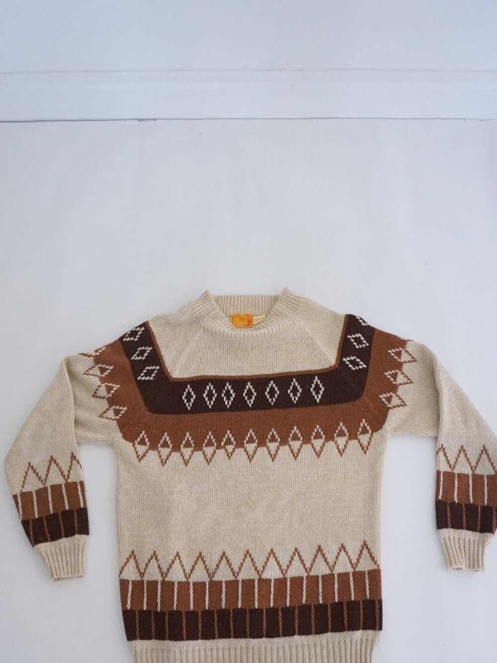 Vintage Andrew Lewis Cream Brown Geometric Nordic Pattern Knit Sweater XL